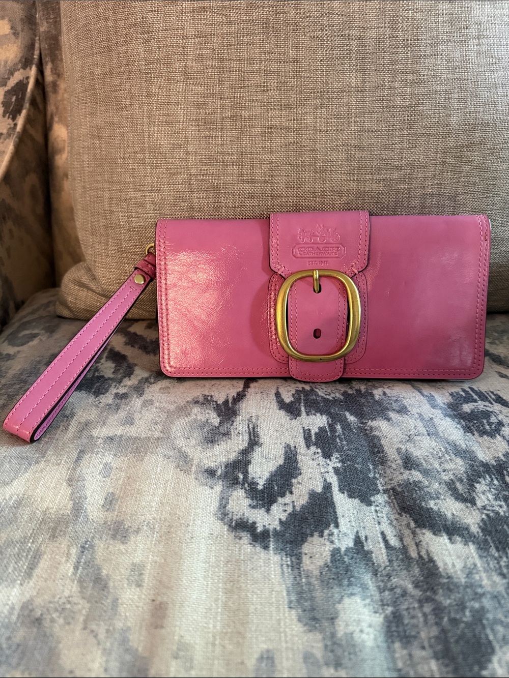 Coach Pink Leather Wristlet with Gold Buckle Accent